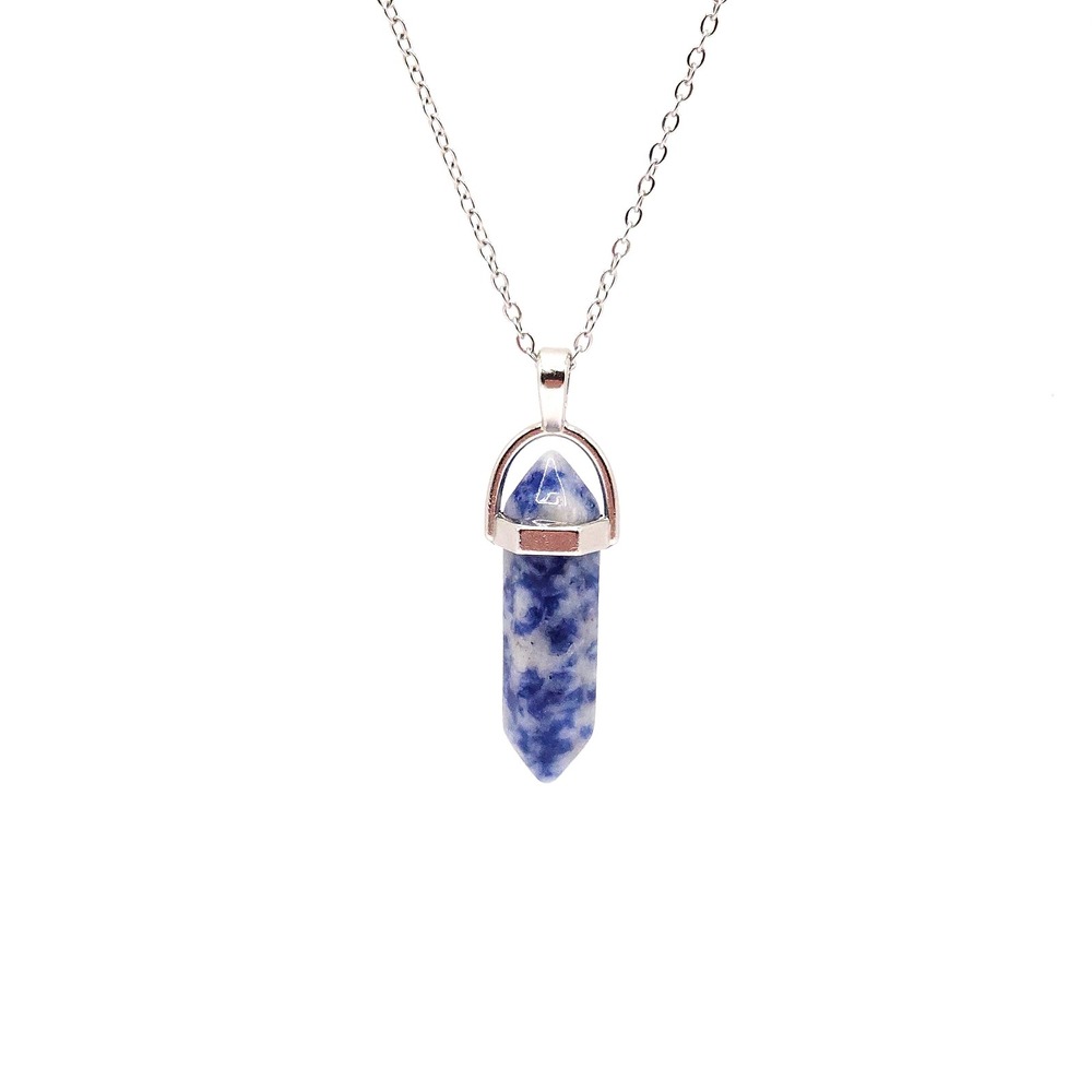 Blue Spot Jasper Crystal‎ Point Pendant Necklace Silver Tone
